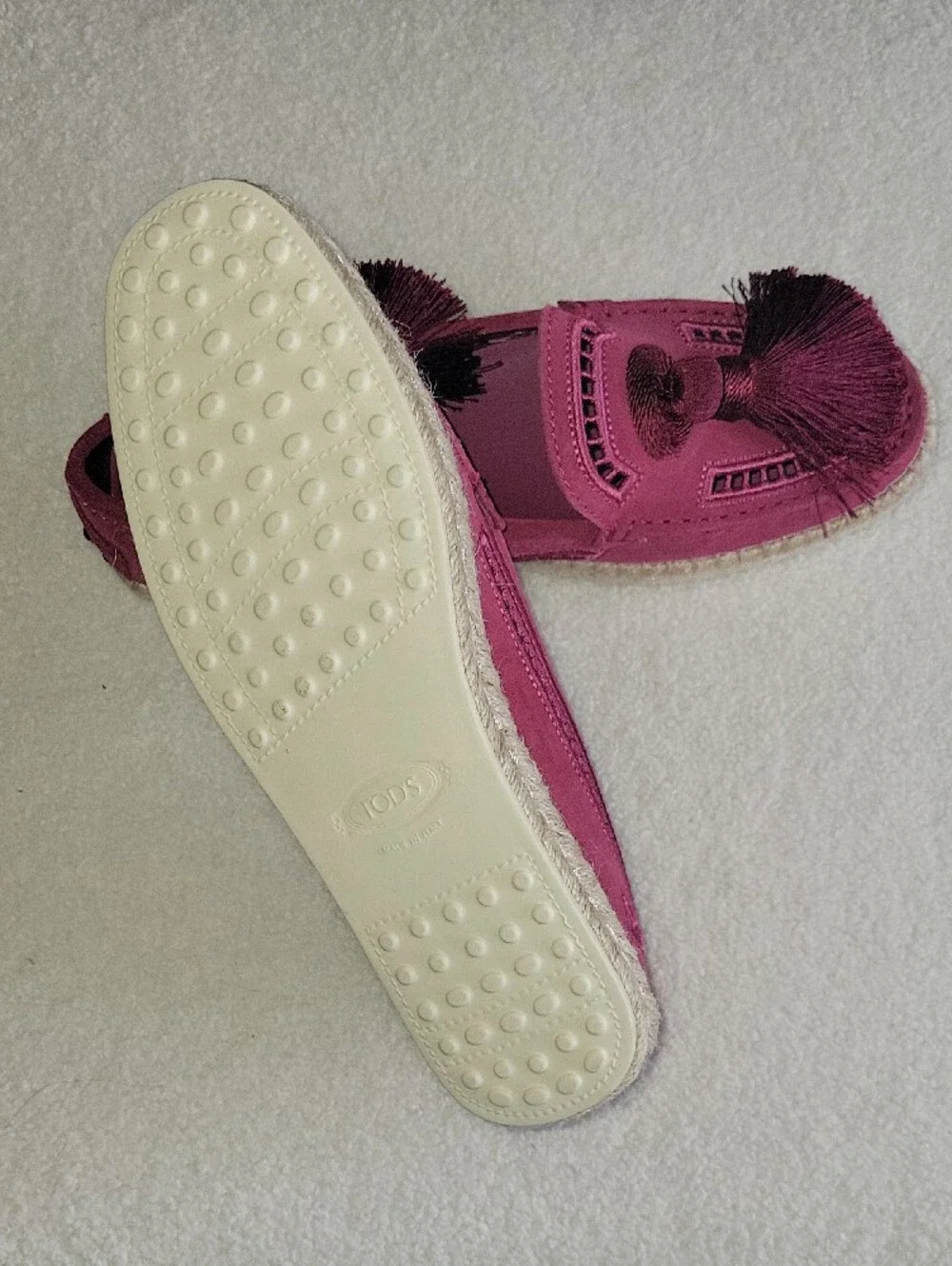 TOD'S Pink Suede Espadrille Tassel Loafers